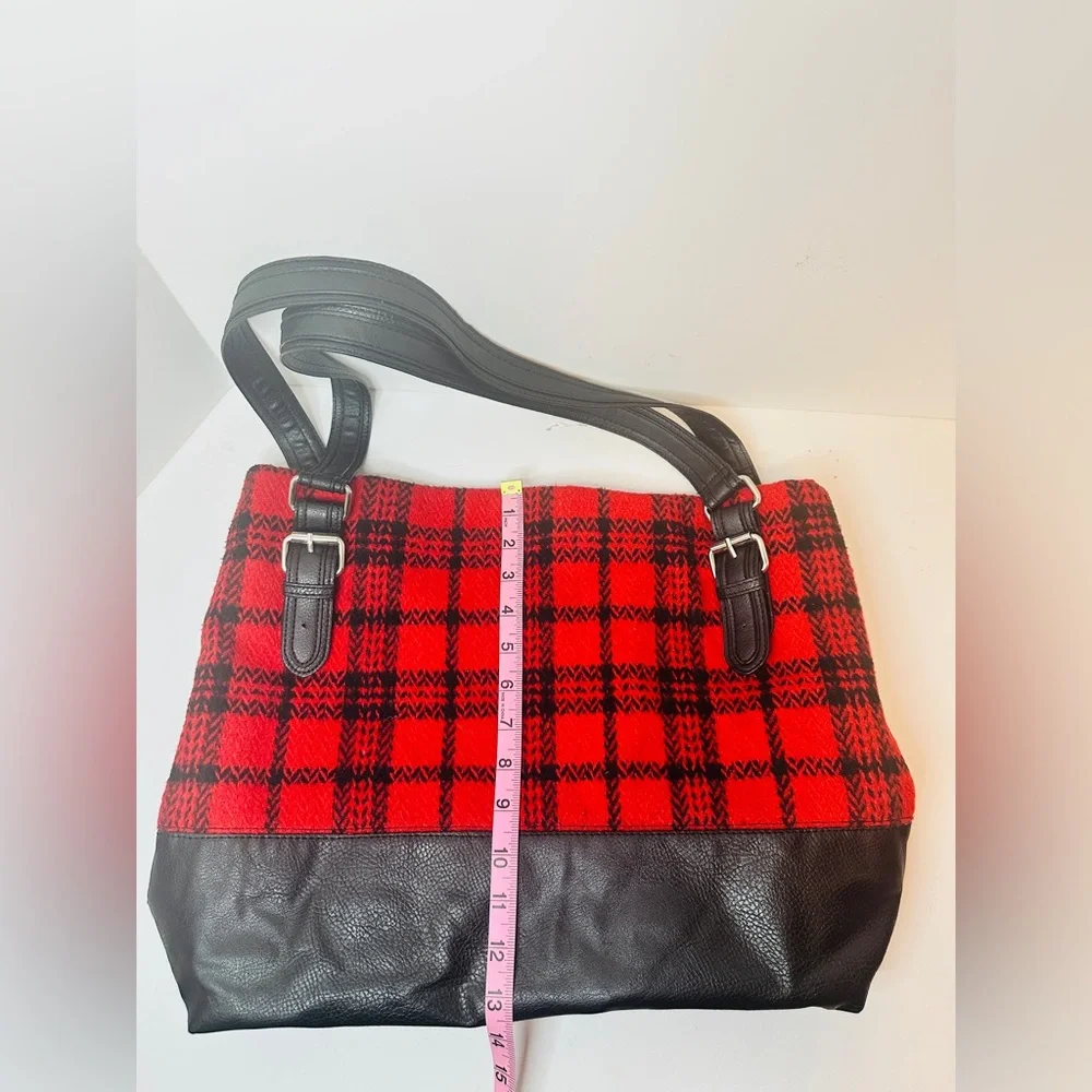 BUENO Large Red and Black Buffalo Plaid Flannel and Black Vegan Leather Tote Bag